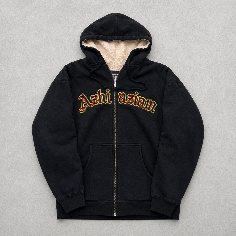 Azhiaziam As High as I am surfwear Sherpa Lined Hoodie Black Embroidered Size M